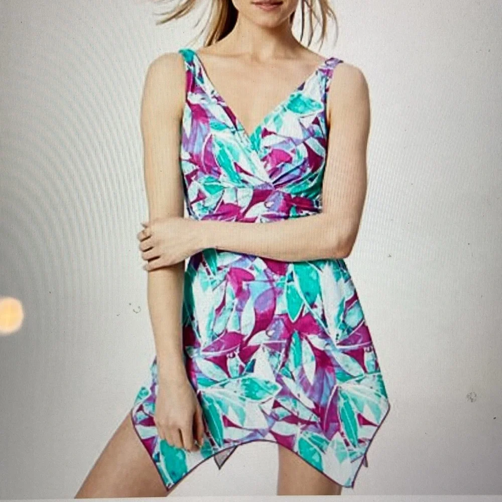 Denim & Co. Beach V Neck Handkerchief Hem Swim Dress Aqua Abstract Palm 10 New - Picture 2 of 15